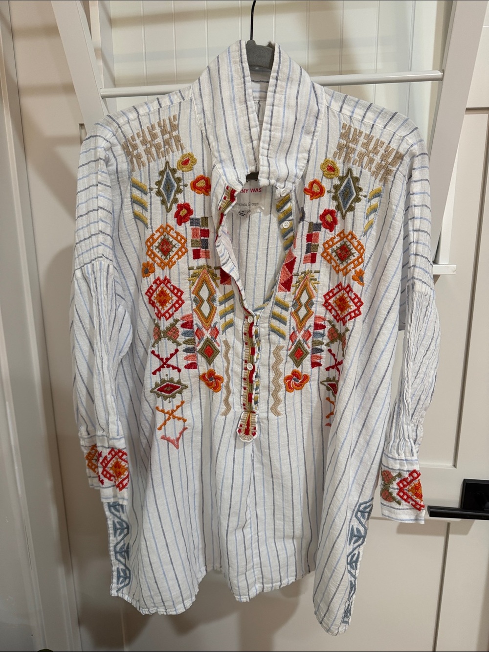 Johnny Was White Striped Tunic with Multicolor Embroidery
